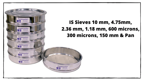 IS Sieves 10 mm, 4.75mm, 2.36 mm, 1.18 mm, 600 microns, 300 microns, 150 mm & Pan